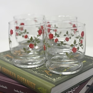 Vasos de zumo vintage Anchor Hocking con rosas rojas trepadoras, juego de 4 vasos de mediados de siglo