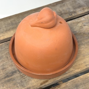 May include: A terracotta butter keeper consisting of a dome-shaped lid with a sculpted bird handle and a small circular vent hole, resting inside a matching round base tray. The clay material has a matte, earthy orange-brown finish.