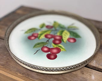 Stara niemiecka porcelanowa taca do serwowania z ręcznie malowanymi wiśniami