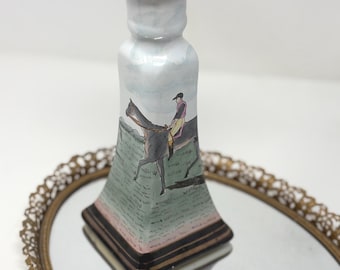 Vintage Porcelain Candlestick Holder with Equestrian, Horse Decor and Gold and Black Banding