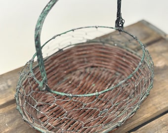 Vintage Rustic Wicker and Chicken Wire Gathering Basket