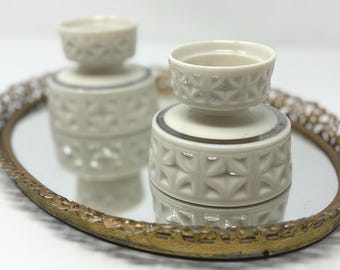 Vintage MCM Lenox Cream, White Ceramic Candle Holders with Silver Trim, Set of Two