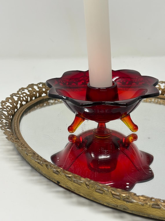 Vintage Fenton Ruby Red Glass Lotus, Flower Three-Toed Candle Holder