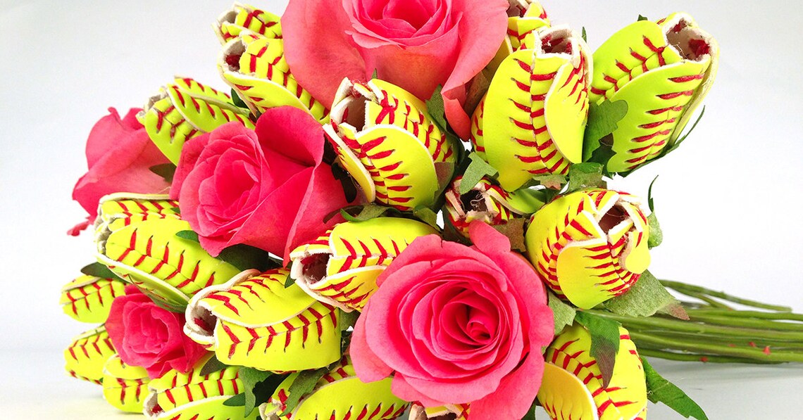 Softball Roses Arrangement Softball Flowers Bouquet Etsy