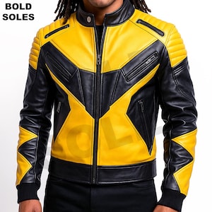 Blouson de motard en cuir jaune et noir, veste de moto tendance aux épaules rembourrées pour les motards élégants, cadeau pour les amateurs de motard