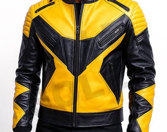 Yellow and Black Leather Biker Jacket: Padded Shoulder Motorcycle Jacket