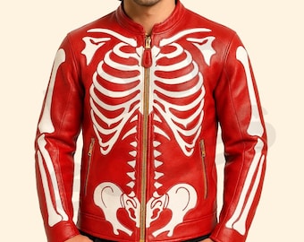 Red Skeleton Leather Cosplay Jacket: Zip-Up Halloween Costume