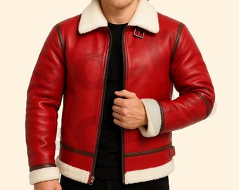 Red Leather Shearling Bomber Jacket: Cosplay Holiday Party Wear