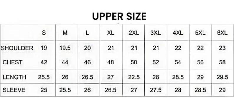 Puede incluir: Tabla de tallas para ropa con medidas en pulgadas para hombro, pecho, largo y manga. Las tallas van de la S a la 6XL.