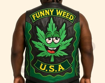 Funny Weed USA Leather Vest, Marijuana Casual Motorcycle Biker Vest for Daily Wear, Cannabis Cosplay Vest, Unique Gift for Bikers
