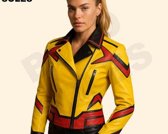 Chaqueta de motociclista de piel de oveja amarilla y roja: atuendo de motociclista para mujer
