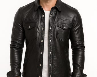 Genuine Black Leather Shirt: Stylish Button-Up Casual Wear