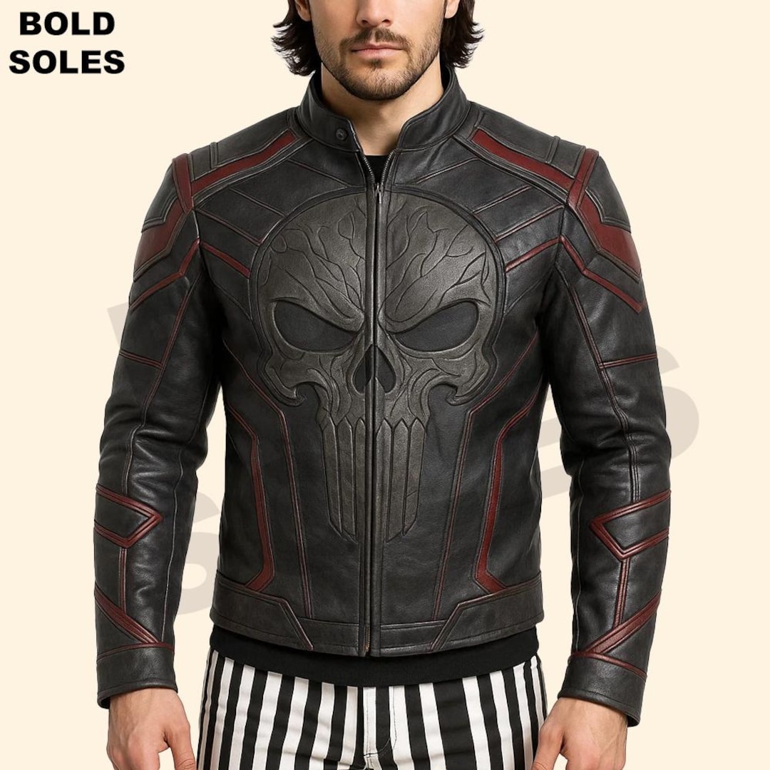 Handcrafted Black Leather Skull Jacket: Embossed Biker Fashion - Etsy