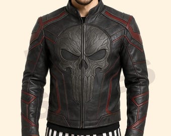 Chaqueta de cuero negro con calavera hecha a mano: estilo motero con relieve