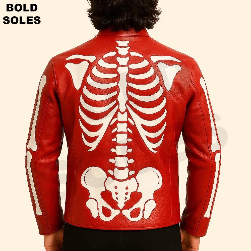 Red Skeleton Leather Cosplay Jacket: Zip-up Halloween Costume