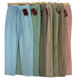 Womens Cotton Linen Look Regular Fit Bottoms Trousers Casual Summer Beach Holiday Elastic Waist Pants