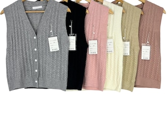 Women's Wool Blend Sleeveless Vest Knitted V Neck Button Ladies Waistcoat Jumper Tank Top Sweater
