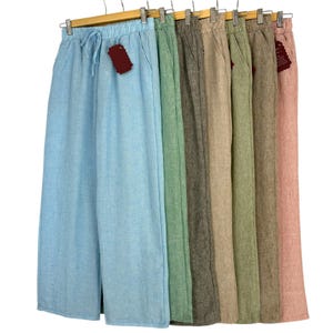 Womens Cotton Linen Look Wide Leg Bottoms Trousers Casual Summer Beach Holiday Elastic Waist Pants