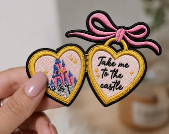 Magic Kingdom Locket Embroidered Iron On Patch – Castle Embroidered Patch, Fairy Tale Castle Heart Patch