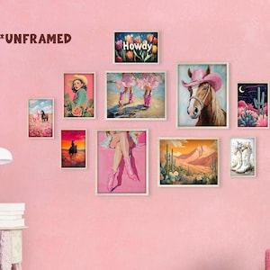 Pink Western Wall Art Set of 10 PCS, Preppy Cowgirl Posters Unframed, Pink Cowgirl Wall Art for Teen Girls, Western Girl Room Decor