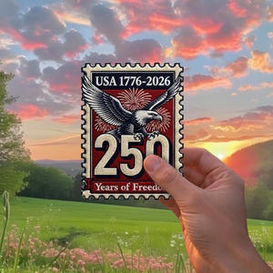 Puede incluir: Un sello conmemorativo con un águila calva y fuegos artificiales de fondo. El sello dice "USA 1776-2026" y "250 Years of Freedom". El sello se sostiene contra un paisaje de puesta de sol sobre un campo verde.