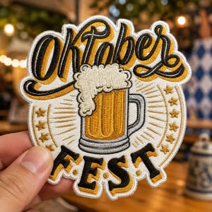 May include: A circular embroidered patch featuring a beer mug with white foam, surrounded by gold star accents and radiating lines. The text 'Oktober' is stitched in black with gold outlines at the top, and 'Fest' is stitched in black at the bottom.