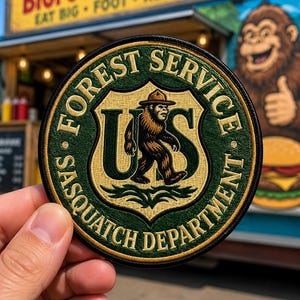 Forest Service Sasquatch Department Embroidered Patch, US Park Ranger Bigfoot Iron On Patch, Outdoor Cryptid Hiking Badge, National Park