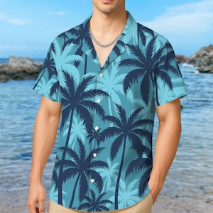 Blue Hawaiian Shirt For Men, Tropical Palm Tree Button Down Short Sleeve Shirt, Lightweight Aloha Beach Vacation Shirt, Summer Resort Wear