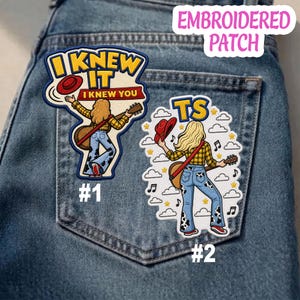 May include: Two embroidered patches featuring a blonde figure with a guitar. Patch #1 has the text I KNEW IT I KNEW YOU and a red hat. Patch #2 features the text TS, a red hat, clouds, stars, and musical notes on a white background.