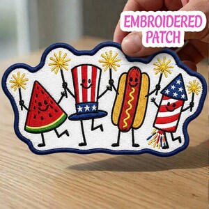 Patriotic Doodle Patch, 4th of July Embroidered Badge, Funny Hotdog Watermelon Firework Patch, American Independence Day Iron On Gift