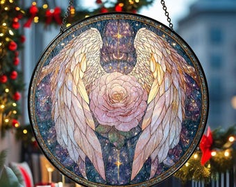 Angel Wings Rose Suncatcher, Memorial Window Art, Spiritual Décor