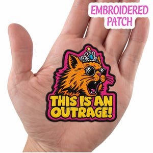 May include: Embroidered patch featuring an orange cat wearing sunglasses and a crown, with the text "THIS IS AN OUTRAGE!" in yellow. The patch has a pink border and is labeled "EMBROIDERED PATCH".