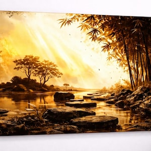 Japanese Landscape with Bamboo & Sunbeams | Acrylic Glass Fine Art Print ZenSaku Studio