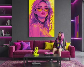 Neon Muse – Chica ciberpunk pop art en rosa y amarillo / Arte mural de vidrio acrílico