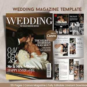 Puede incluir: Una plantilla de revista de bodas con una portada que presenta a una pareja besándose. La revista incluye titulares como "Wedding", "The Vogue Wedding Edition" y "Mr. & Mrs. Wilson Happy Ever After". Páginas adicionales muestran contenido relacionado con bodas.