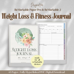 Op de afbeelding: Digitaal gewichtsverlies- en fitnessdagboek ontworpen voor ReMarkable Paper Pro en ReMarkable 2 apparaten. Het dagboek heeft een bloemig aquarelontwerp en bevat secties voor fitnessdoelen en tracking. De tekst op het dagboek luidt "Weight Loss & Fitness Journal".