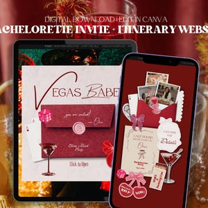 May include: A digital bachelorette party invitation and itinerary website template displayed on a tablet and smartphone. The design features deep red and pink tones, dice, playing cards, martini glasses, and text reading Vegas Babe.
