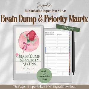 Könnte beinhalten: Ein digitaler Planer für reMarkable Paper Pro Move mit dem Titel Brain Dump & Priority Matrix. Das Cover zeigt eine Aquarell-Rosenillustration. Die Innenseite zeigt ein strukturiertes Layout für Aufgaben, Anrufe und Notizen. Inklusive Eingabestift.