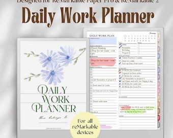 May include: A digital daily work planner for reMarkable Paper Pro and reMarkable 2 devices. The planner features a cover with blue flowers and the text Daily Work Planner, alongside an interior page layout with a schedule, to-do list, and notes.