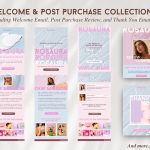 May include: A digital collection of email templates titled WELCOME & POST PURCHASE COLLECTION, featuring the brand name ROSAURA, pink and blue color schemes, skincare product imagery, customer review sections, and social media integration links.