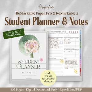 Puede incluir: Planificador y notas digitales para estudiantes, diseñado para dispositivos ReMarkable Paper Pro y ReMarkable 2. El planificador presenta un diseño floral e incluye secciones para la descripción general del curso, las tareas y las notas. El planificador tiene 105 páginas.