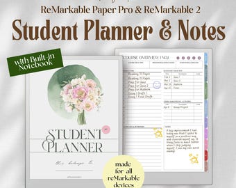 Puede incluir: Un planificador estudiantil digital y plantilla de notas para dispositivos reMarkable Paper Pro y reMarkable 2. La portada presenta una ilustración de un ramo de flores y el texto Student Planner. La página interior muestra un resumen de curso.