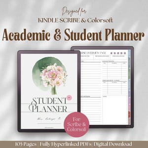 May include: Digital Academic & Student Planner designed for Kindle Scribe & Colorsoft. The planner features a floral design on the cover and includes course overview, assignment, and notes sections. The planner is a digital download with 105 pages and fully hyperlinked PDFs.