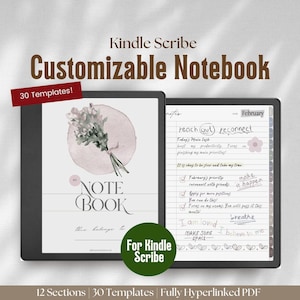 Peut inclure: Un carnet numérique pour Kindle Scribe avec 30 modèles personnalisables. Le carnet présente un motif floral sur fond rose et le texte "Note Book" en noir. Le carnet est ouvert à une page avec le texte "reach (out) reconnect" et une liste de tâches pour le mois de février.