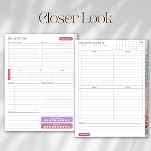 May include: Two planner pages featuring a Brain Dump layout with sections for priorities, tasks, calls, texts, emails, and scheduling, alongside a Priority Matrix page with a May calendar, daily schedule, and notes section, all in black and white.