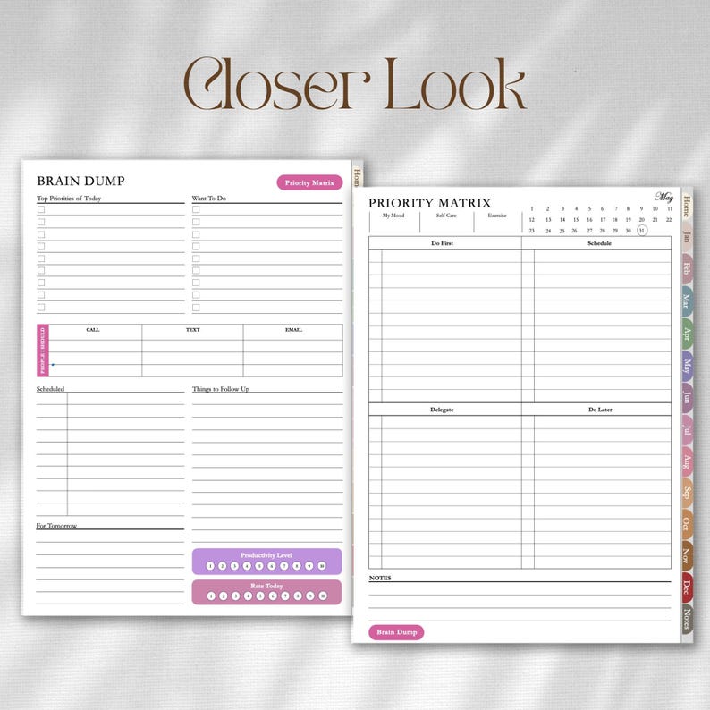 May include: Two planner pages featuring a Brain Dump layout with sections for priorities, tasks, calls, texts, emails, and scheduling, alongside a Priority Matrix page with a May calendar, daily schedule, and notes section, all in black and white.