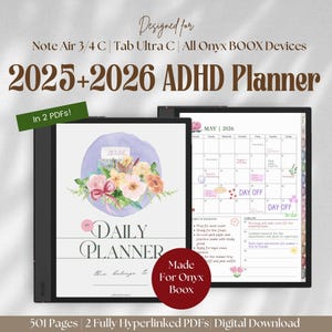 Puede incluir: Planificador digital de TDAH para 2025 y 2026, diseñado para dispositivos Onyx BOOX. El planificador presenta un diseño floral y una vista de calendario. El texto incluye "My Daily Planner" y "Made For Onyx Boox". Disponible en 2 PDF.