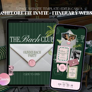 May include: A digital 5-page website template for a bachelorette party invitation and itinerary, editable in Canva. The design features a dark green striped background, a white envelope with a pink wax seal, and text reading THE BACH CLUB.