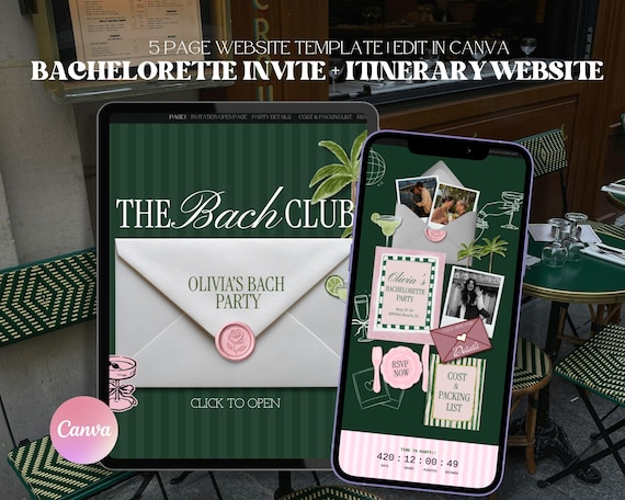 The Bach Club Bachelorette Party Canva Website Invite Envelope Reveal: RSVP & Packing List, Animated