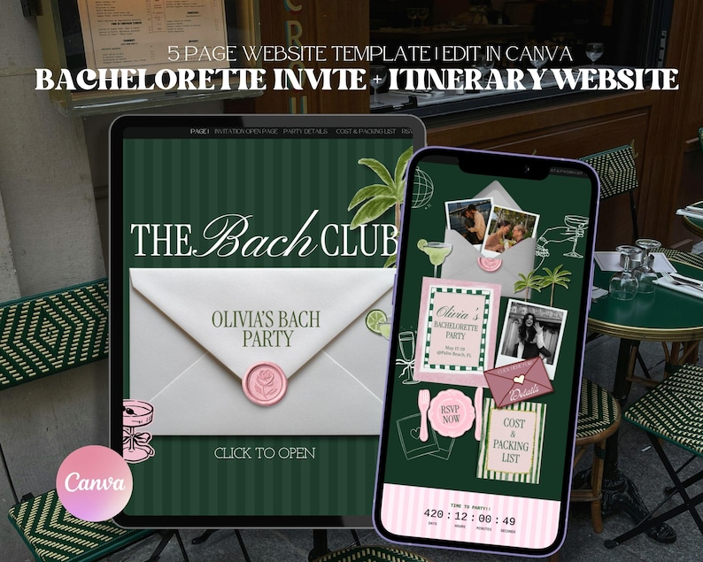 May include: A digital 5-page website template for a bachelorette party invitation and itinerary, editable in Canva. The design features a dark green striped background, a white envelope with a pink wax seal, and text reading THE BACH CLUB.